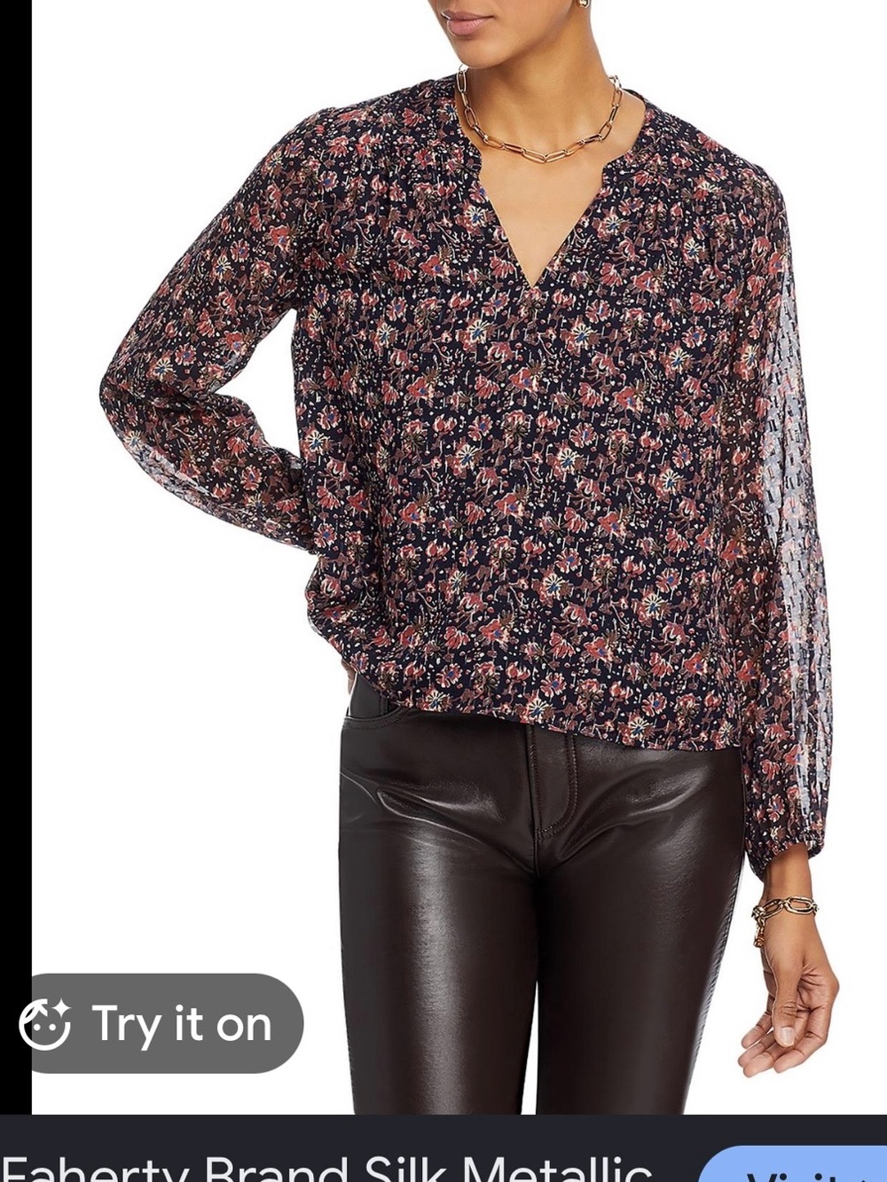 Faherty sage wood Floral V-Neck Blouse silver thread SILK top  M boho